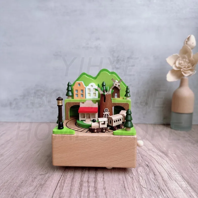 

Wooden Country Train Music Box Solid Wood Base Desktop Decoration Handicraft Creative Festival Gift Figurines Decoration Crafts