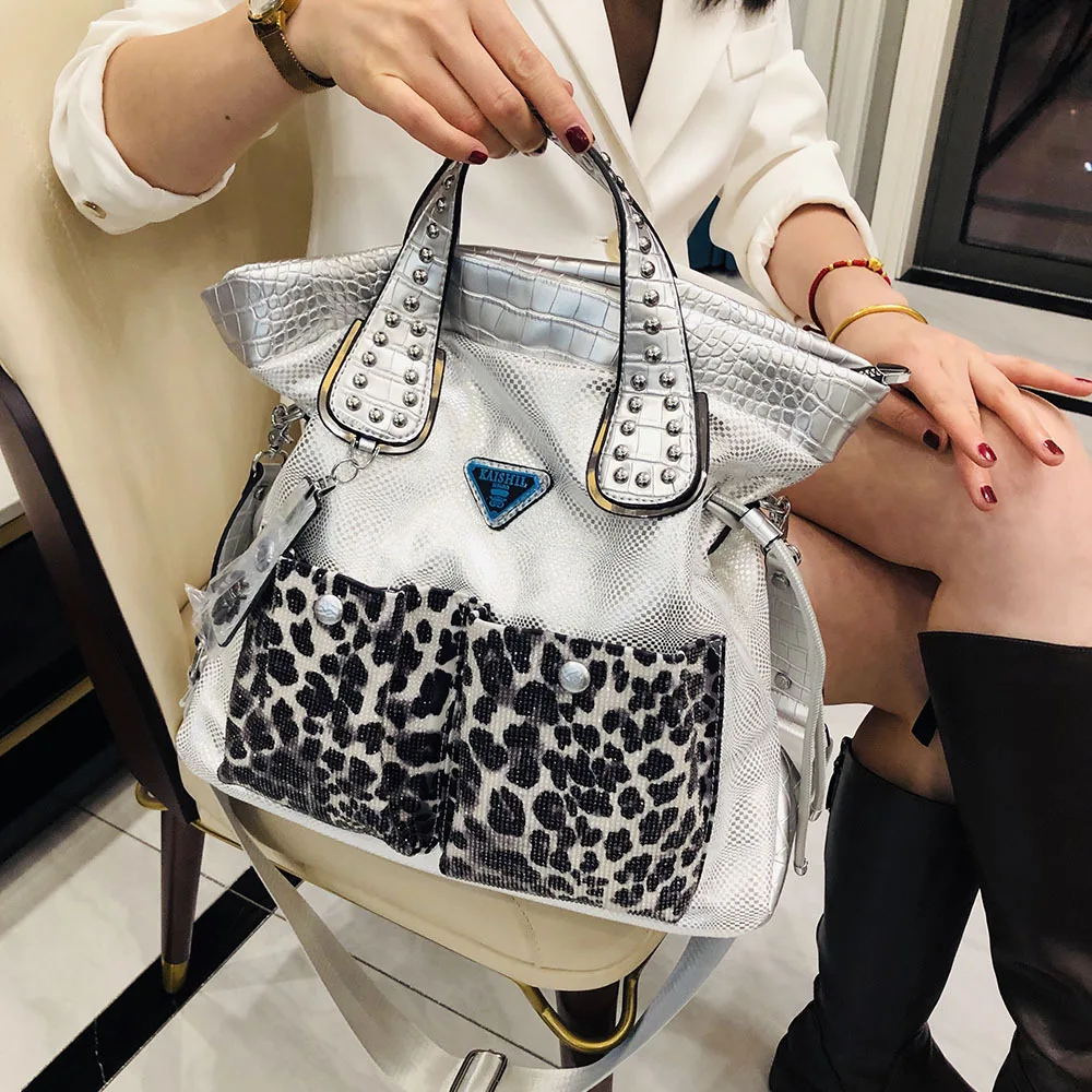 Female Quality Genuine Leather Shoulder Bag Patchwork Large Capacity Tote Bag Women Leopard Travel Casual Big Size Daily Daypack