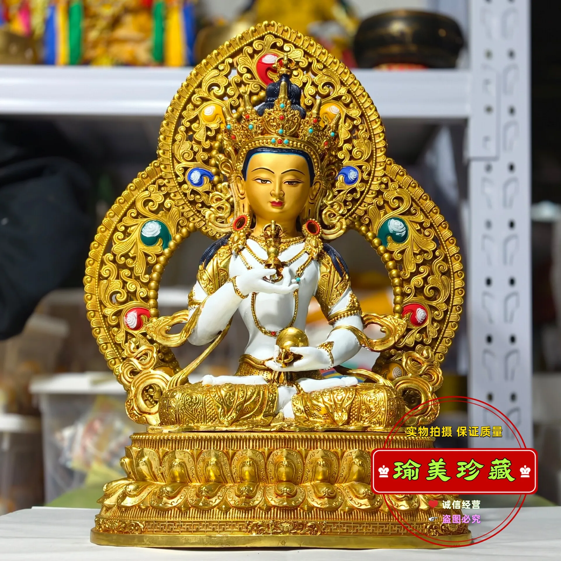Painted Vajrasattva gilt Buddha statue ornament, 15-inch household Buddhist hall collection, esoteric bronze statue 1.5 feet tal