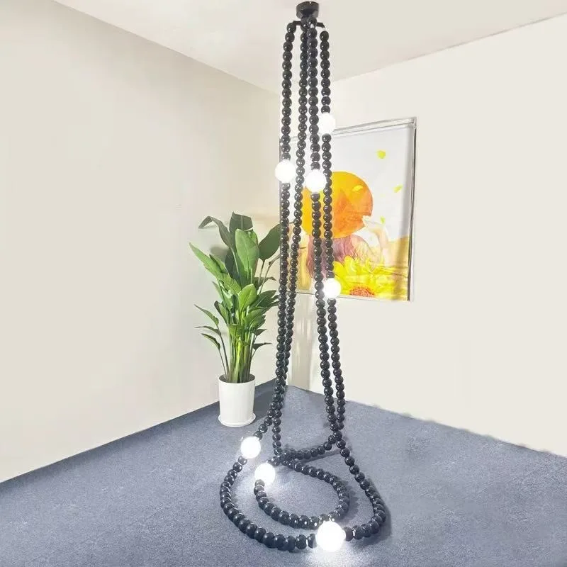 French Black Pearl Modeling Necklace Design LED Pendant Light Parlor Duplex Spiral Staircase Chandelier Villa Home Adorn Fixture