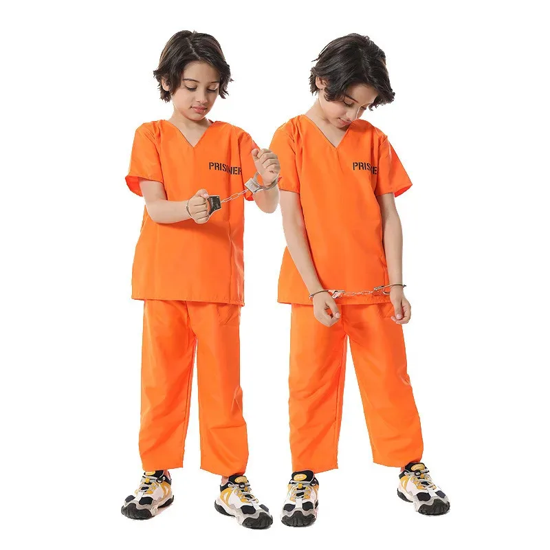 DY20New Adult Boys and Girls Prison Uniform Role Playing Wardrobe Set Carnival Halloween Black and White Striped Orange Makeup B