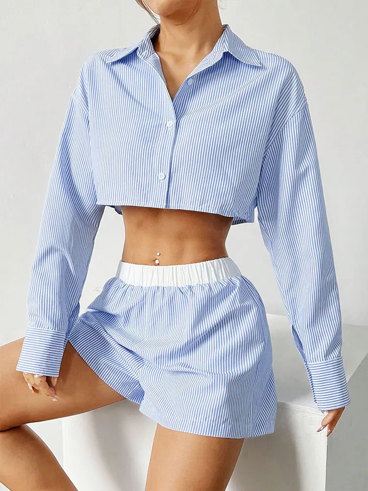 Streetwear Fashion Women T-shirt Shorts 2 Piece Summer New Casual Slim Long Sleeves Turndown Collar Tees Top Striped Print Suit