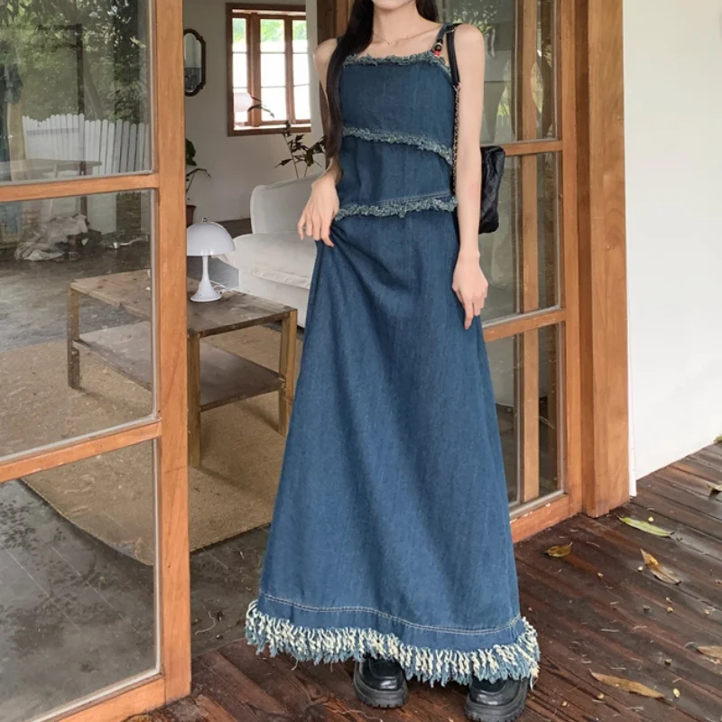 

Women's Slim-fit Denim Sleevy-Sleevy Gowns Korean New Design Women's One-piece 2024 Fashion Denim One-piece