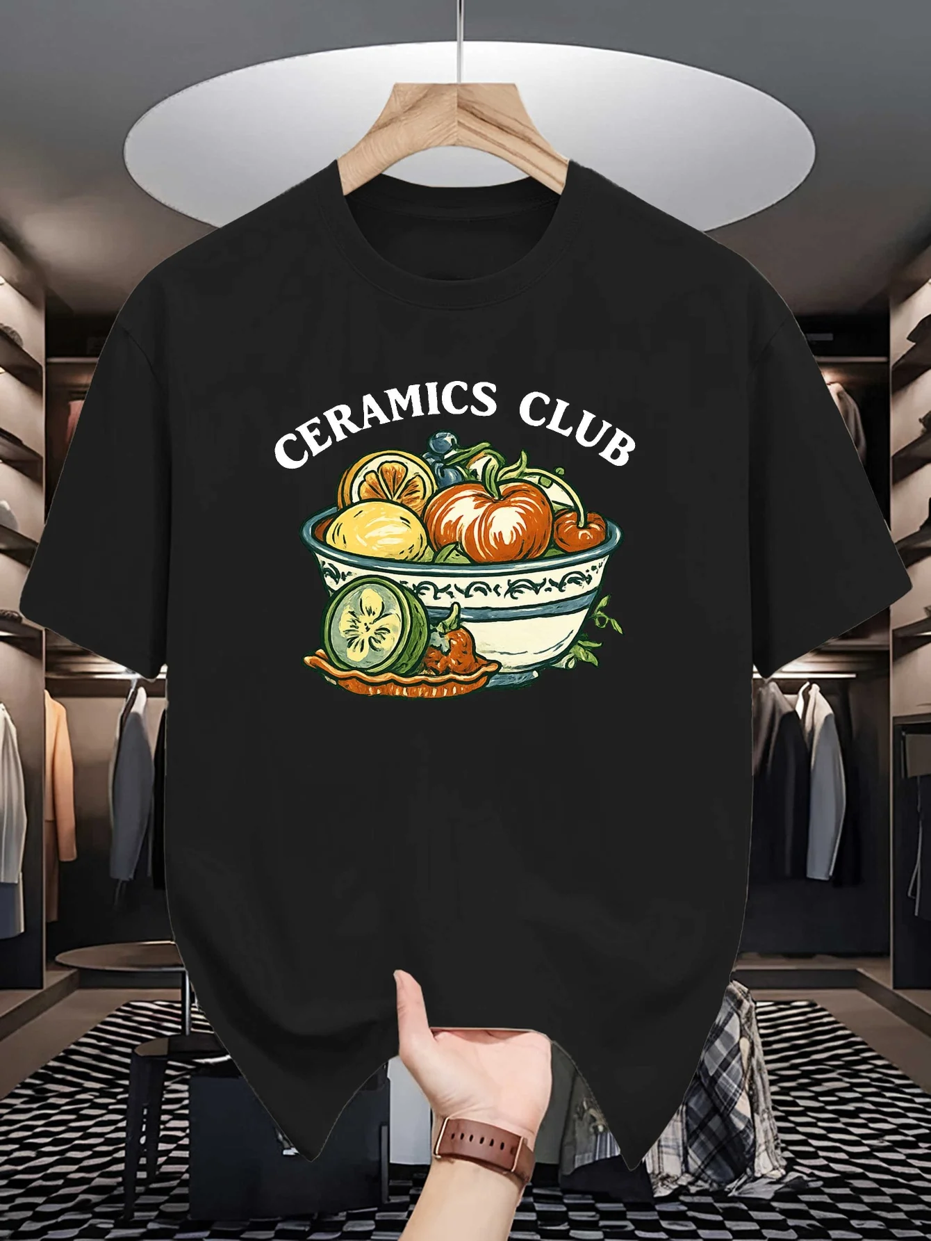 Vintage Fruit Bowl Ceramics Club Graphic Mens Crew Neck T Shirt Retro Vegetable Print Short Sleeve Casual Cotton Daily Tops