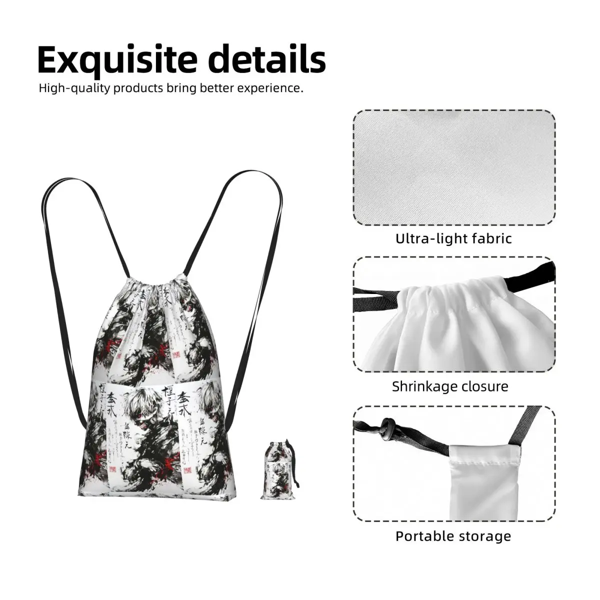 Anime Tokyo Ghoul Kaneki Ken Drawstring Backpack Sports Gym Bag Portable Travel Drawstring Bag for Men Women
