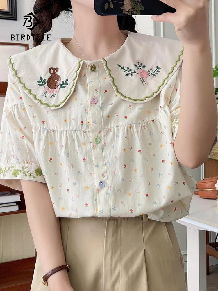 

New Spring Cotton Embroidery Shirt Women Peter Pan Collar Short Sleeve Sweet Tops Girl Loose OL Blouses 2024 Autumn T44080QC