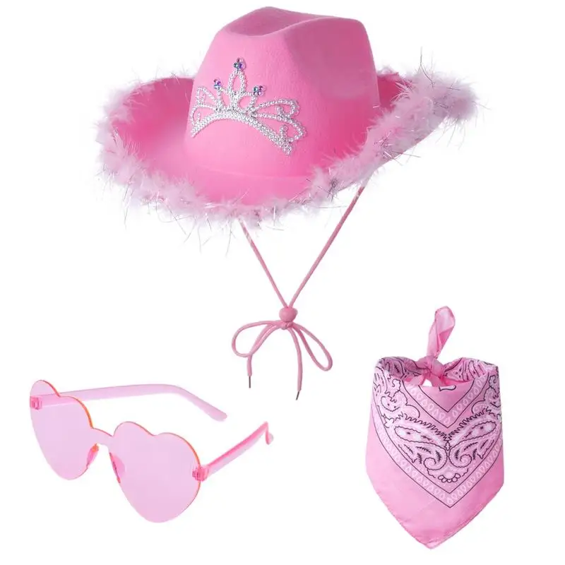 Cowgirl Hat Feather Boa With Heart Glasses Bandana Pink Western Women Cowboy Hats Bachelorette Costume Cosplay Party Dress-Up