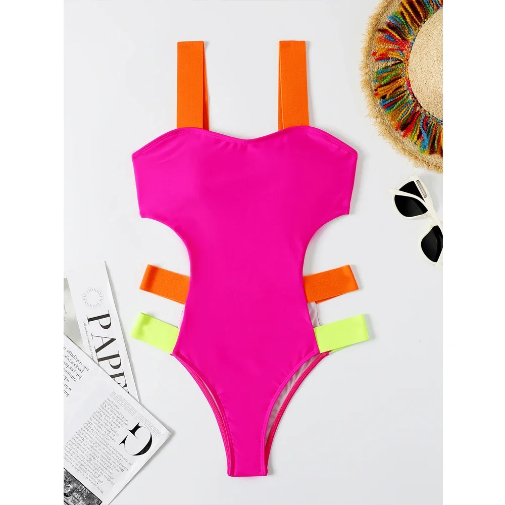 Color Block One-piece Swimsuit 2023 Women Neon Bandage Bikini High Waist Hollow Out Swimwear Rose Red Slim Backless Monokini