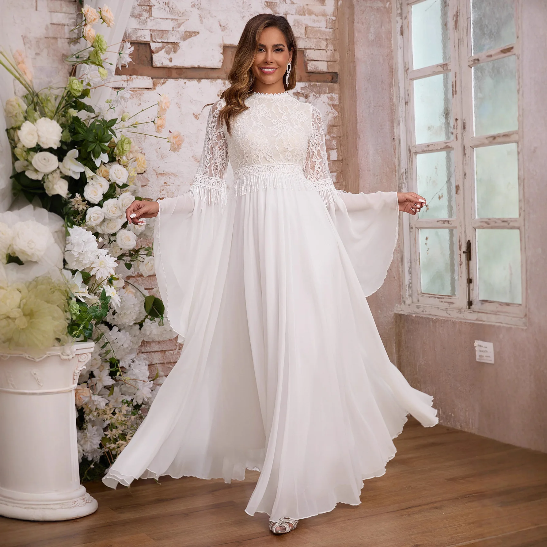 

Новое длинное кружевное шифоновое платье све с завязками на талии и кисточками Ele, свадебное платье с высокой талией, шелковая ткань, китайское женское платье