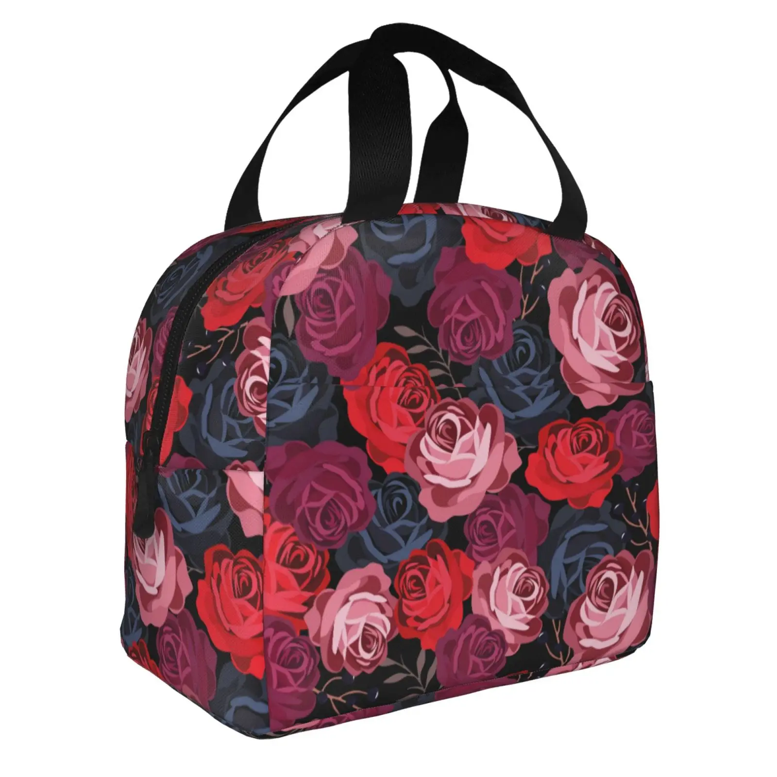 

Red Roses Reusable Lunch Bag for Women Cooler Waterproof Lunch Boxes Reusable Tote Bag for Picnic Office Work