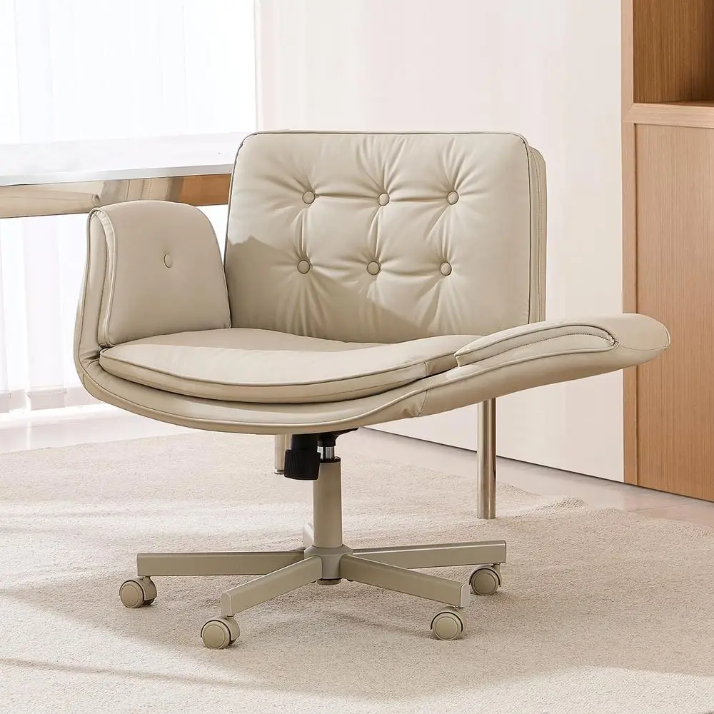 Cream PU Leather Swivel Chair with 5-Level Adjustable Armrests for Home Office, Bedroom, and Makeup Use