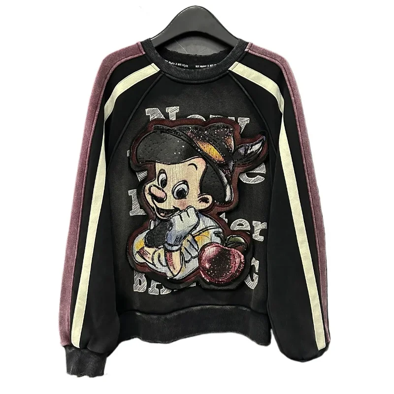 Street Style Sequin Print Cartoon Crew Neck Fleece Sweatshirts Women 2024 Autumn and Winter New Loose Fashion Color Matching Top