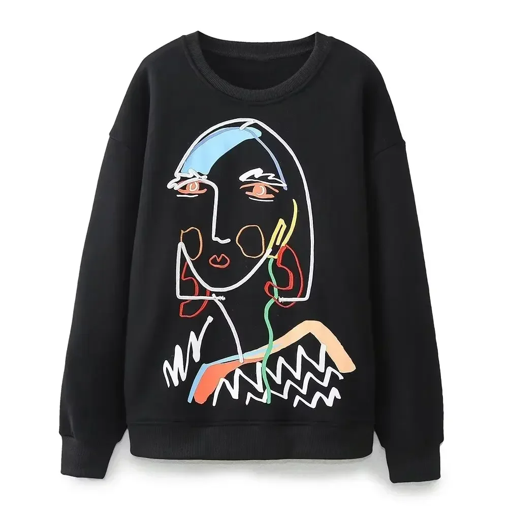 

Women 2023 New Fashion Printed embroidery decoration Loose O Neck Sweatshirts Vintage Long Sleeve Female Pullovers Chic Tops