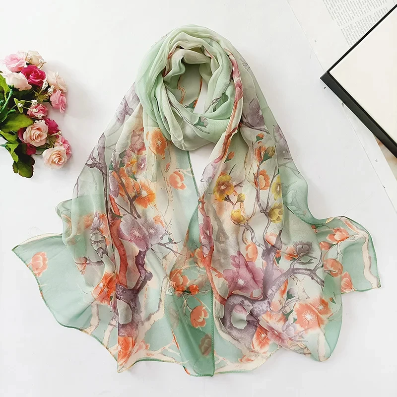 Elegant Plum Blossom Printed Hijab Bandana Georgette Shawl For Woman Fashion Beach Long Scarf Ladies Flower Sunscreen Headscarf