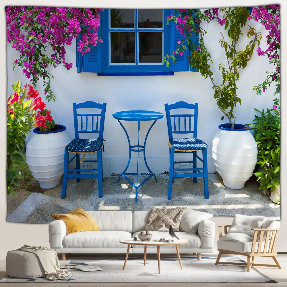 Outdoor Garden Landscape Poster Tapestry Vintage Mediterranean Townscape Polyester Fabric Bath Curtain Bathroom Decor With Hooks