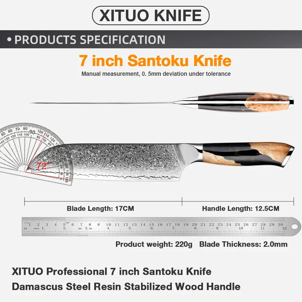 Professional 7 Inch Santoku Knife Damascus Steel Sharp Japanese Kitchen Knife Cooking Knife Black Resin Stabilized Wood Handle