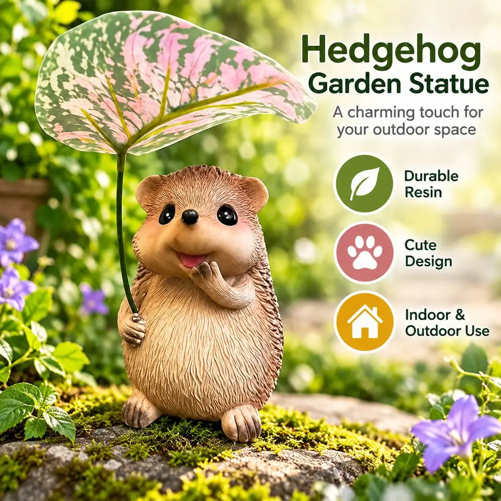 Gifts Realistic Hedgehog Figurine Leaf Umbrella Handcrafted Look Resin Animal Ornament Hedgehog Statue Animal Garden Decor