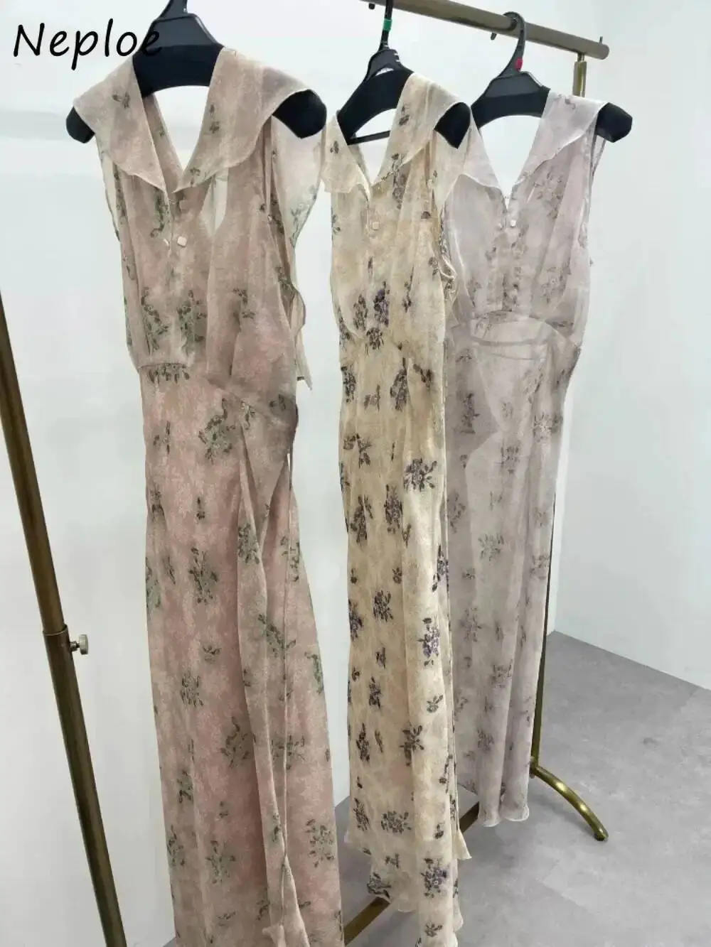 

Fresh Haruku Sleeveless Chiffon Mujer Print High Waist Slim Pullover Femme Robe Japan Lace Up Mid-Length Vestidos