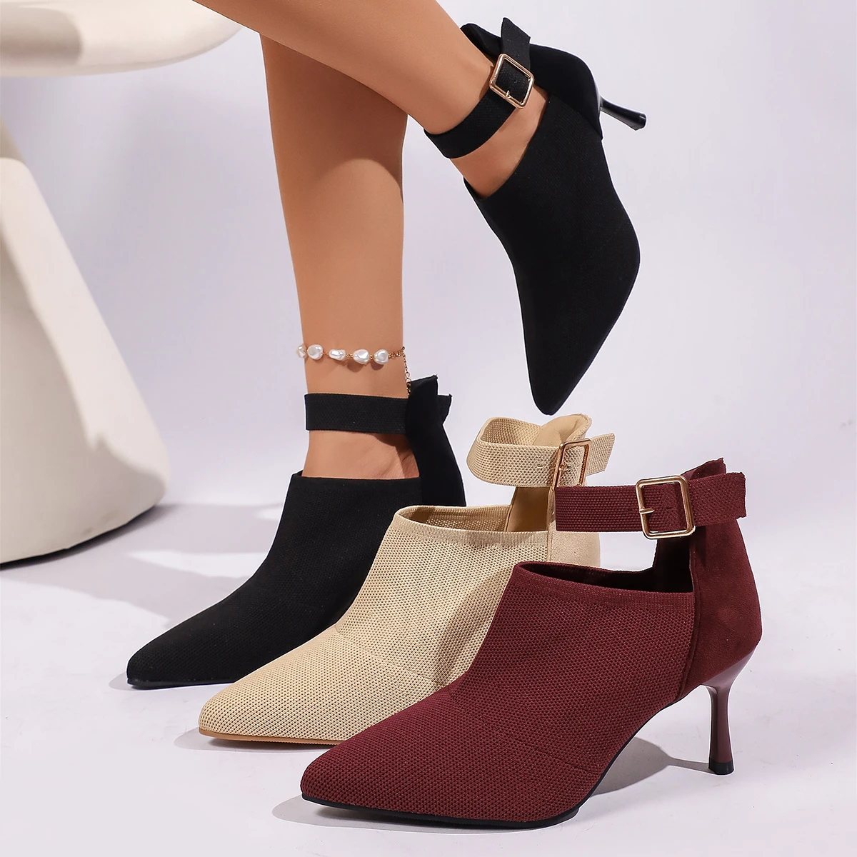 Trend Women High Heels Pump Hollow Buckle Ankle Boots Pointed Stiletto Heels Women Luxury Designer Shoes Women Zapatos De Mujer