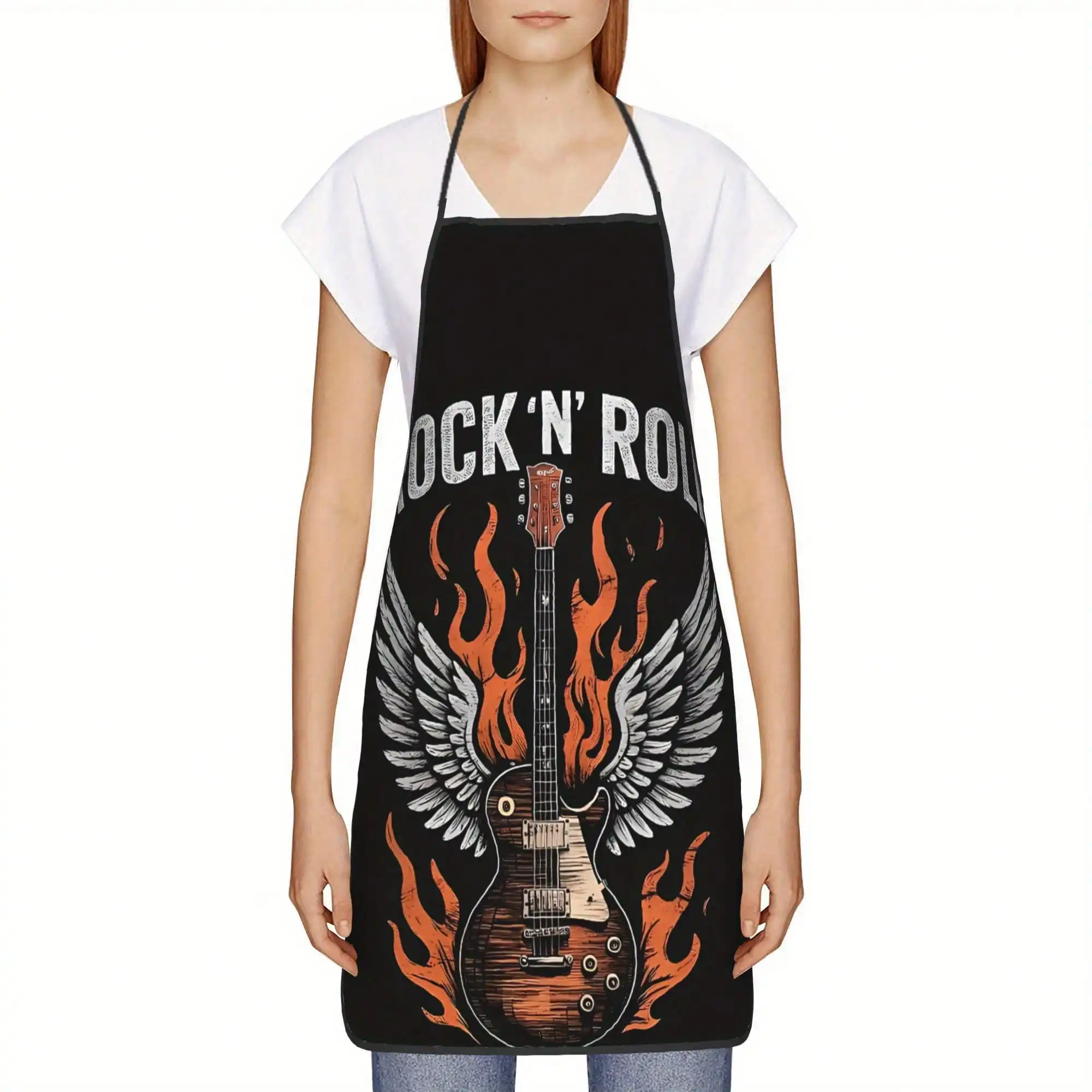 Black Rock N Roll Apron Vintage Electric Guitar with Wings & Flames Kitchen Cooking Bib for Men BBQ Grilling Gift multiple sizes