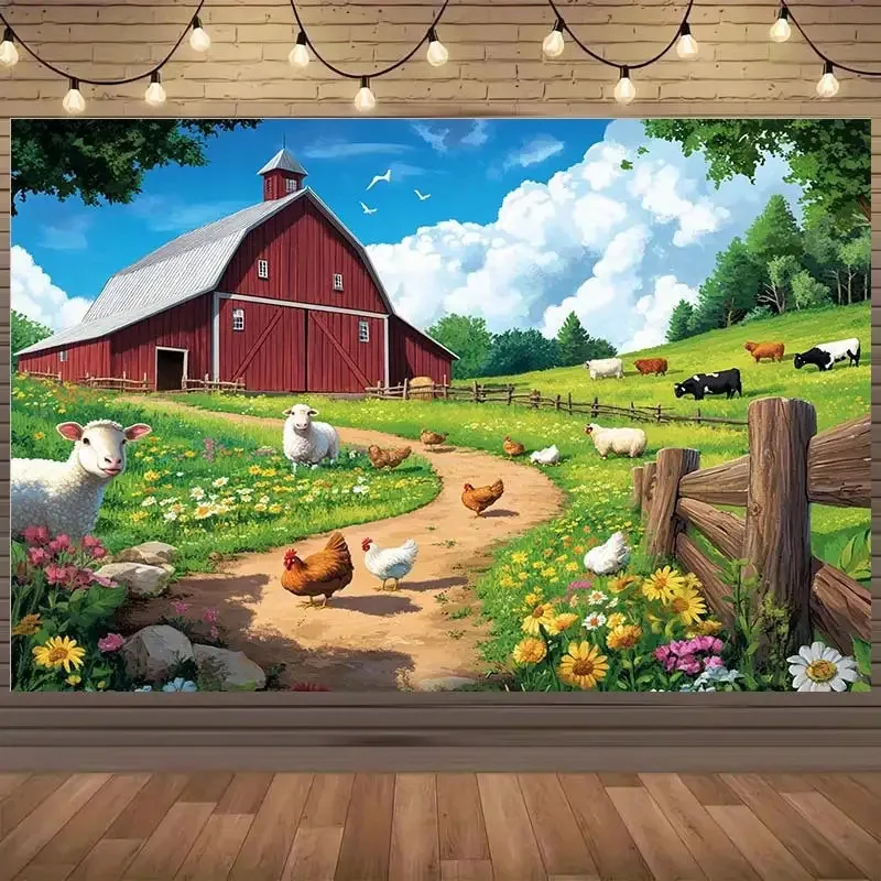 1 Stück – Glitzernder Hintergrundstoff mit ländlicher Landschaft und Bauernhof-Tiermotiven: Polyesterfaser