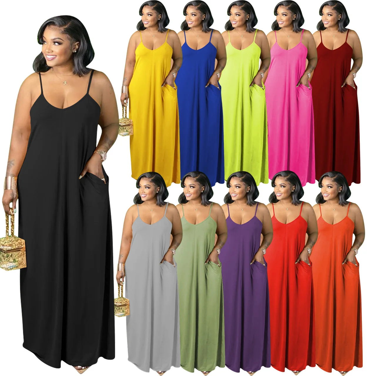 

Women Sling Solid Color Polychromatic Sleeveless Casual Loose Pocket Maxi Dress Summer Long Refreshing Dresses