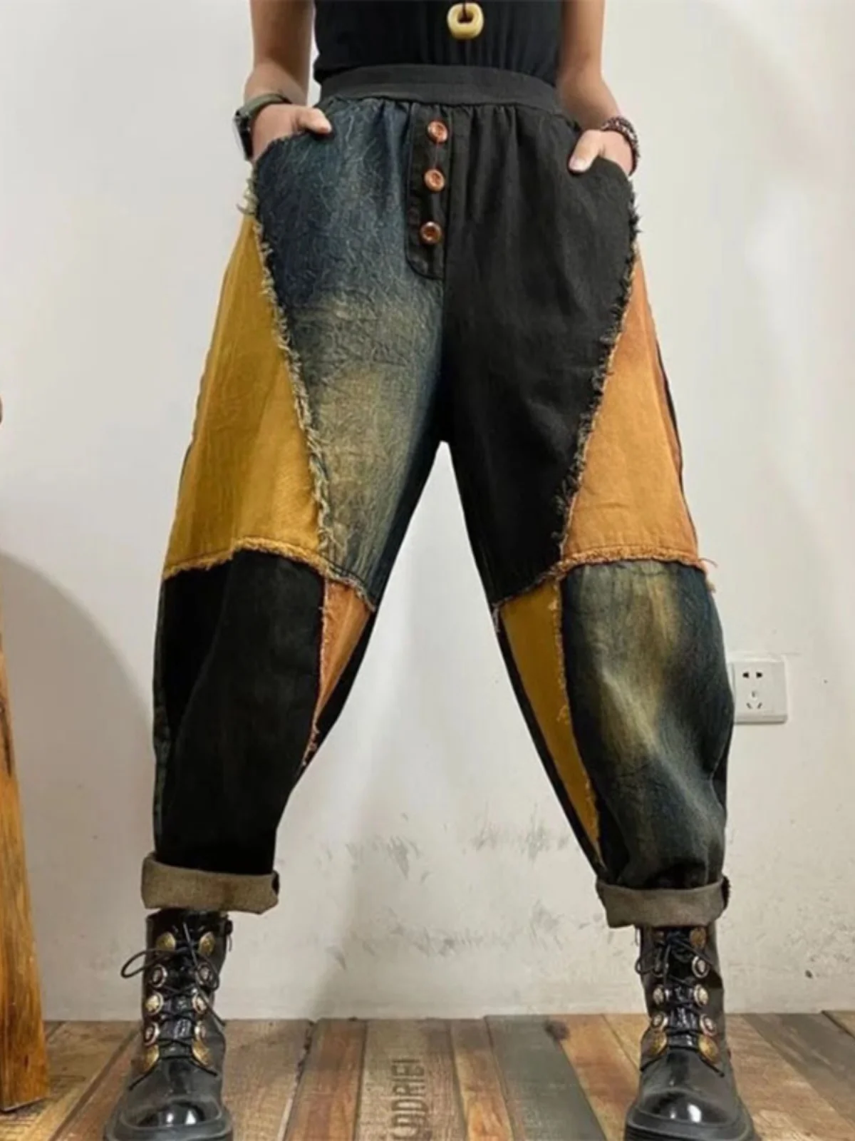 

Свободные женские джинсы большого размера, асимметричные цветные брюки с промежностью, весенние новые асимметричные хлопковые эластичные джинсы