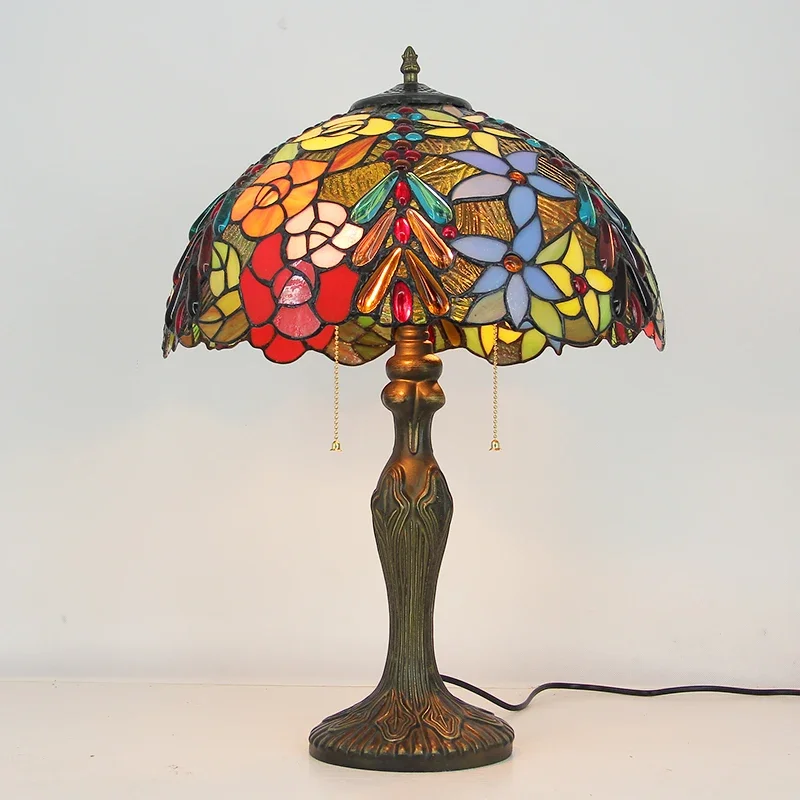 

Dia40cm Retro Luxury Rose Art Tiffany Desk Led Light Stained Glass Church Home Bedside Lamp for Bedroom Lampara Room Decoration