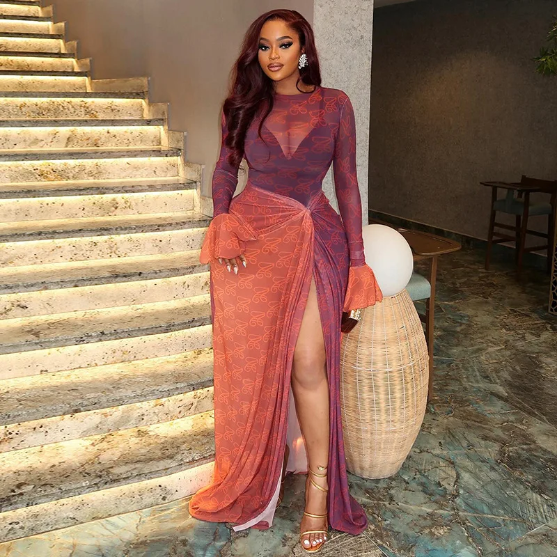 

Letter Print Dress Women's O-Neck Long Flare Sleeve See-Through Mesh Sheer Dress 2026 New Fashion Elegant Club Party Dresses