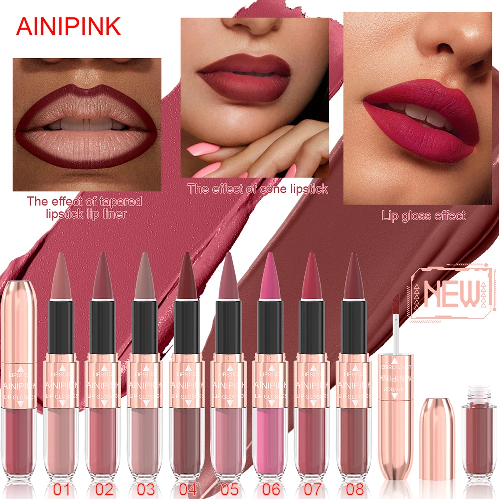 AINIPINK リップスティック+リップグロス 2-in-1 マット仕上げ、防水、色落ちしない、カップにくっつかない、保湿、完璧なメイクアップの選択肢