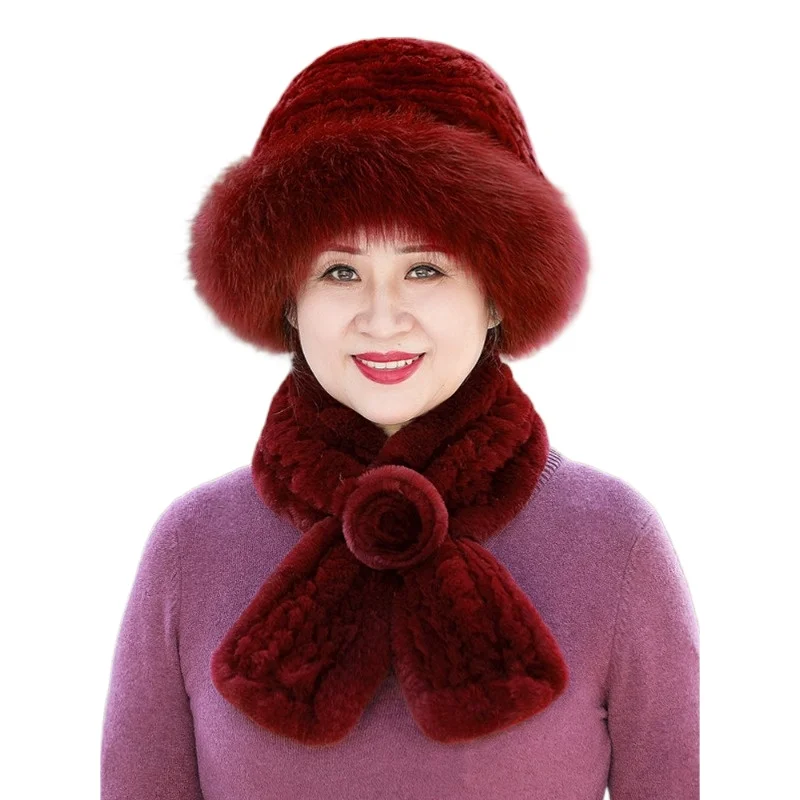 Warm Fur Hat Scarf Set for Women Autumn Winter Genuine Rex Rabbit Hair Fox Hair Middle Aged Elderly Mother Grandmother Hat