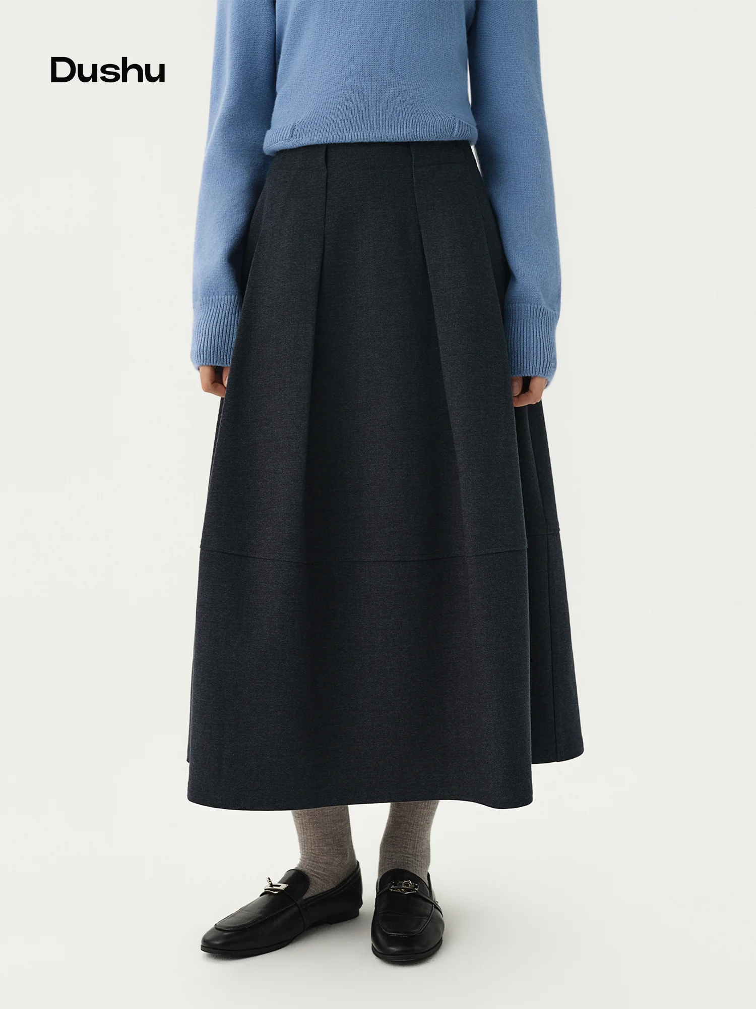 DUSHU 2026 New Winter Women Vintage Belted High Waist Pleated Midi Skirt Office Commute Wrinkle Proof Half Skirt New Arrival