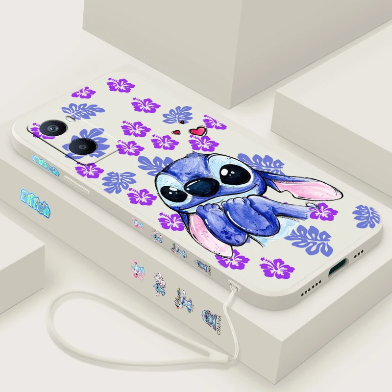 Disney Stitch Flower Cute For OPPO A98 A96 A94 A93 A77S A76 A74 A73 A72 A57E S A56S Liquid Left Rope Silicone Phone Case