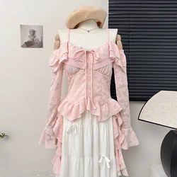 Korean style Spring Summer Women Vintage Mori Girl Shirts Coquette Long Sleeve Chiffon Slash Neck Blouses 2000s Aesthetic Shirt