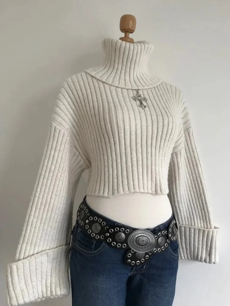 Y2k maglione dolcevita a righe grigio chiaro da donna slim fit accogliente maglieria a maniche lunghe