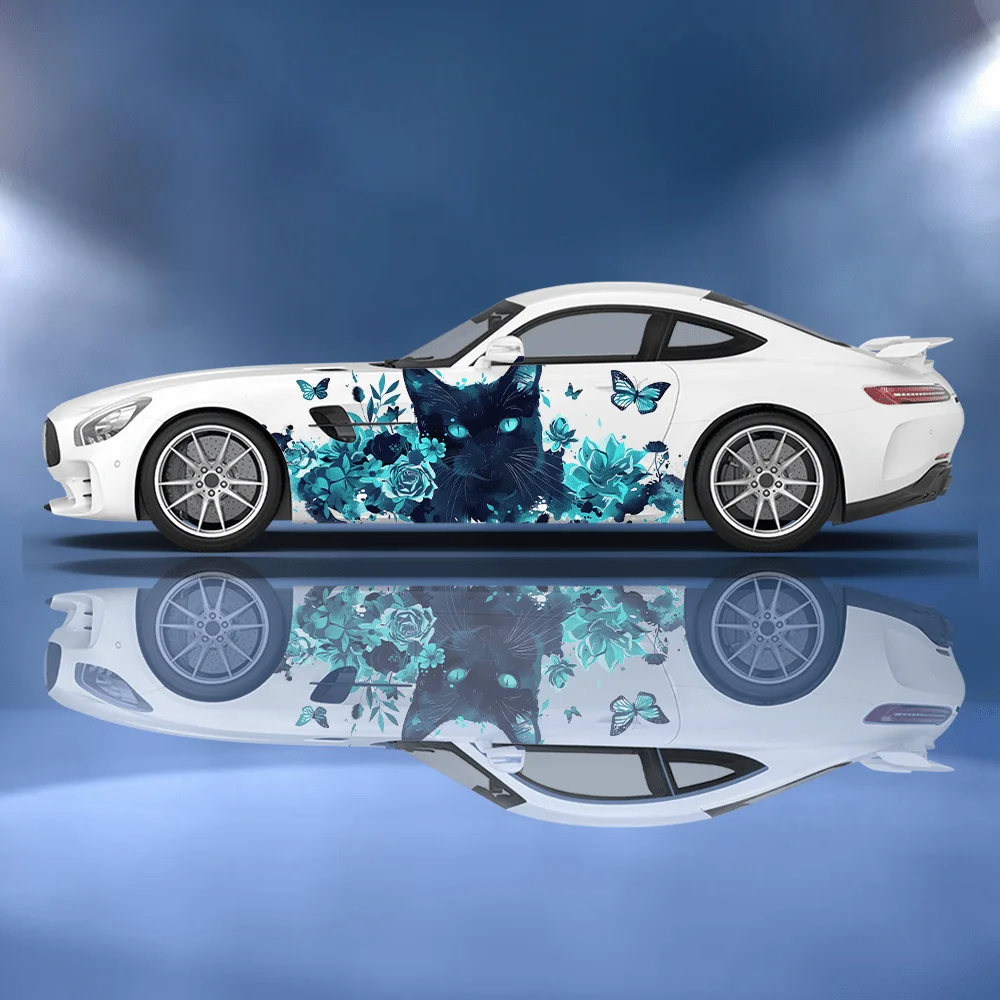

Blue-green Dreamy Glowing Cat and Flower Stickers Car Stickers Full Body Floral Decoration Covering Scratches Protect