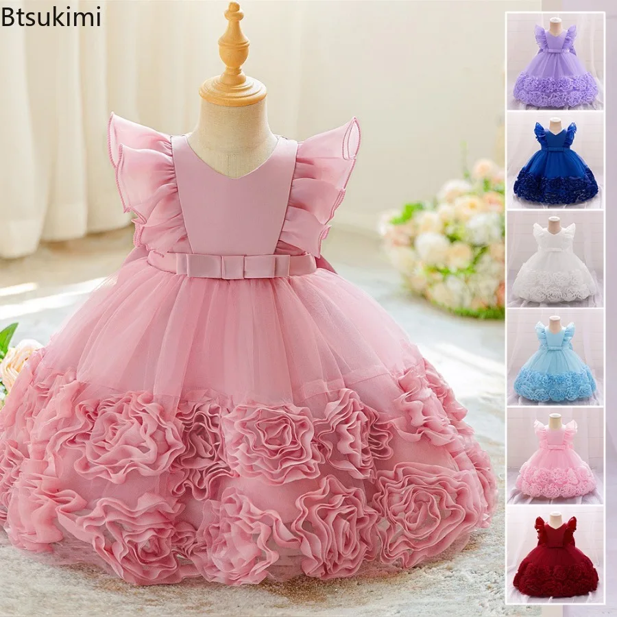 Toddler 3D Flower Party Baby Girl Dress Toddler 1st Birthday Bridesmaids Wedding Princess Dresses for Baby Baptism Prom Costumes