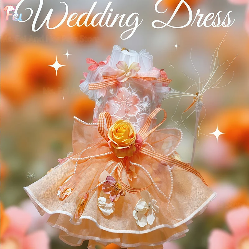 

Luxury Handmade Orange Pet Dog Clothes Lace Floral Bow Autumn Party Dress Apparel for Dogs Costume for Small Medium Dog Dresses