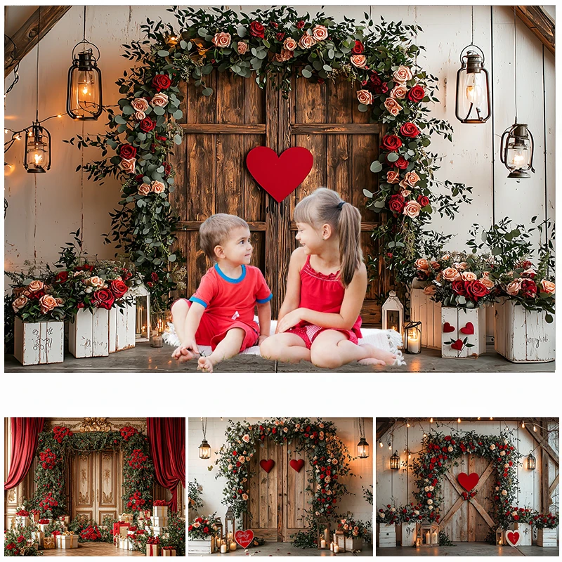 

LS Photography Background Valentine's Day Wooden Door Floral Heart Kids Birthday Party Portrait Decor Backdrop Photo Studio