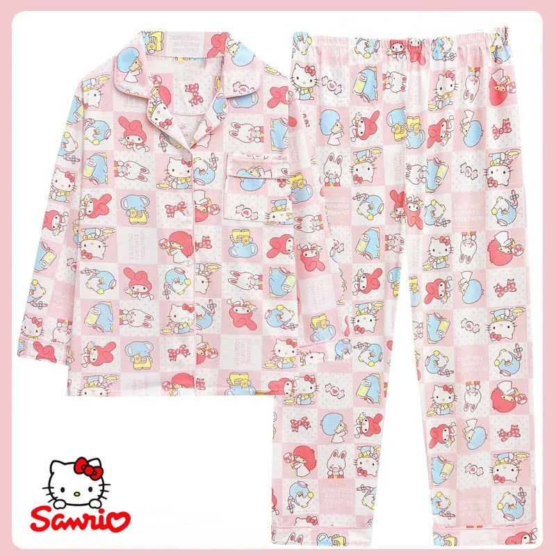 Hello Kitty Sanrio Pajamas Set Long Sleeve Sleepwear Women Nightwear Cartoon Print Shirt with Trouser Loungewear Pyjamas Suits