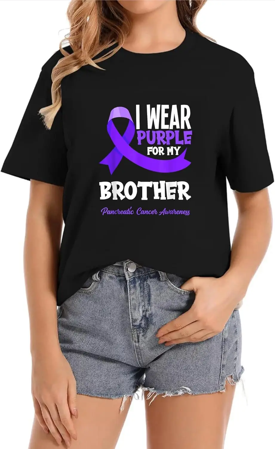 I Wear Purple for My Brother Crew Neck Casual Short Sleeve Vintage Summer Graphic T-Shirt for Women