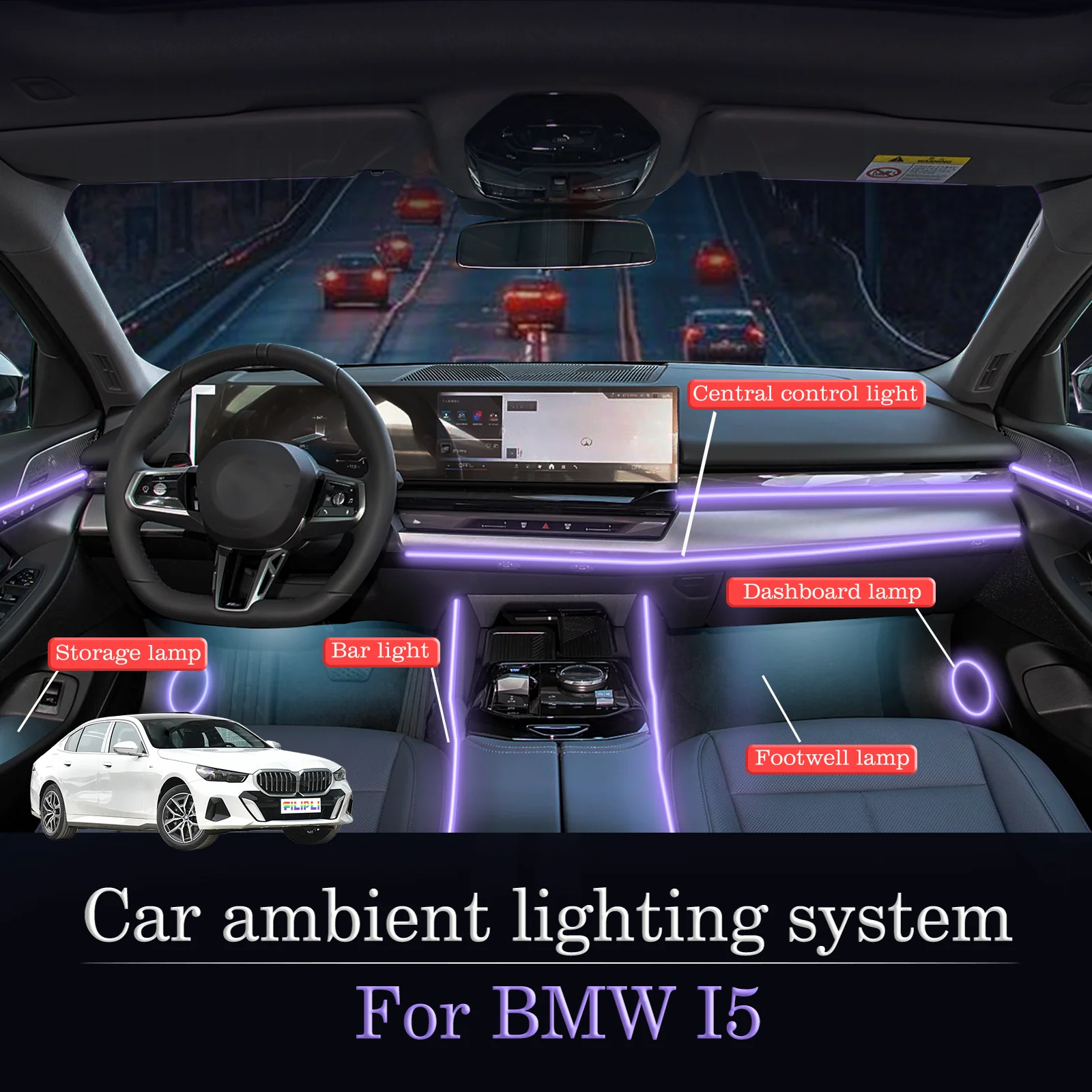 

For BMW I5 Car Interior Ambient Lamp Kit RGB 64-Color LED Smart Remote Control Energy Saving Efficient Lights