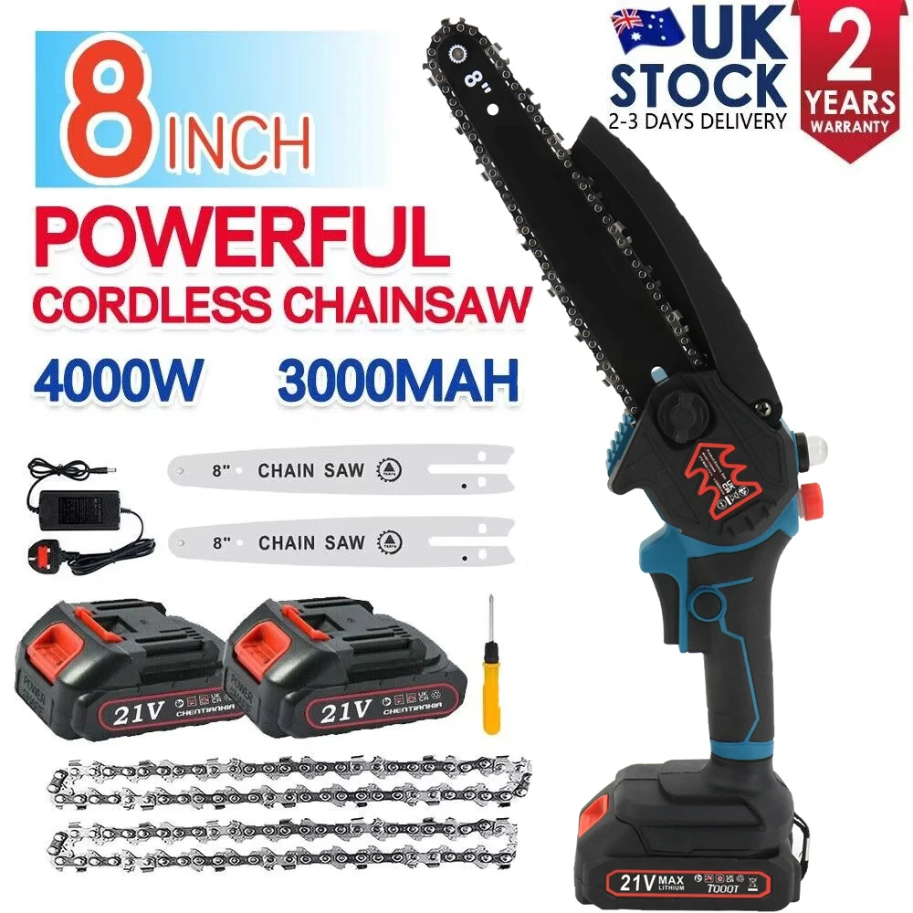 8 Inch 4000 Watt  Mini Chainsaw Electric One-Hand Saw Wood Cutter 2 Batteries UK Rechargeable Lightweight'