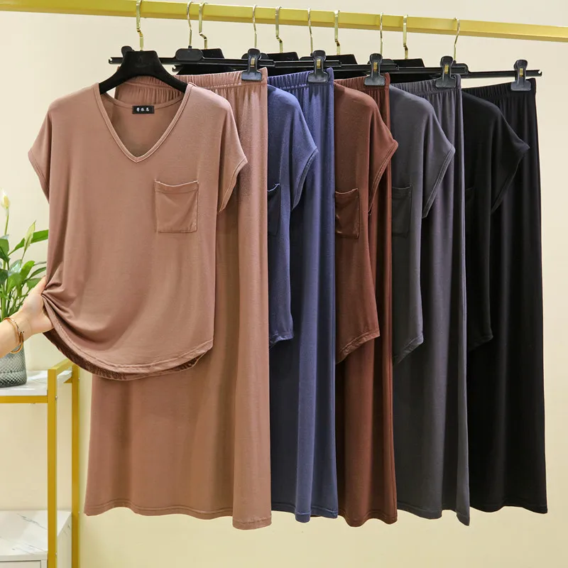 Modal Summer Casual Loose Thin Home Wear Two-Piece Set Women's Skirt Suit V-Neck Short Sleeve Long Skirt Comfortable Home Clo...