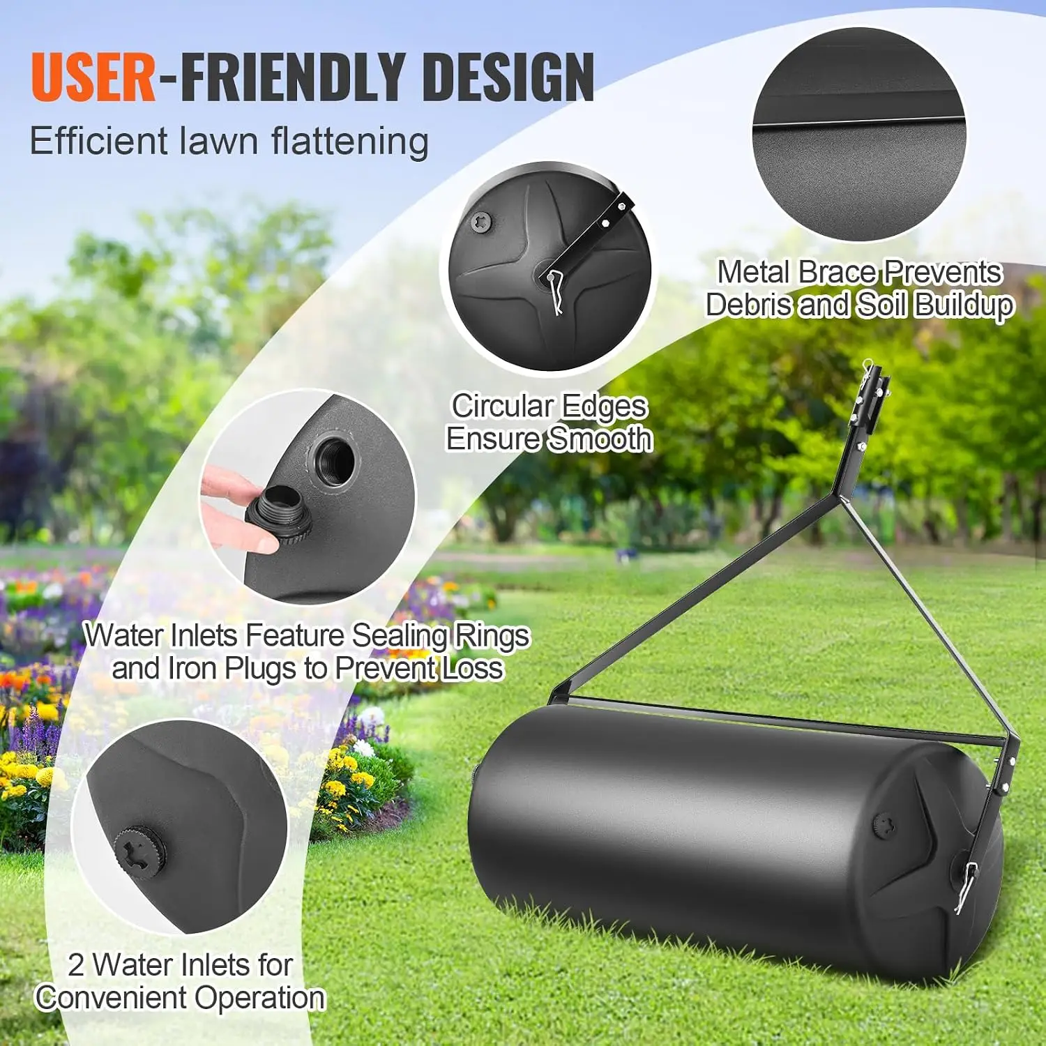 Tow Behind Lawn Roller, 400lbs Sand/Water Filled Yard Roller, LLDPE Drum and Steel Frame Sod Roller with Easy-Turn Plug, Tow Beh - view 5