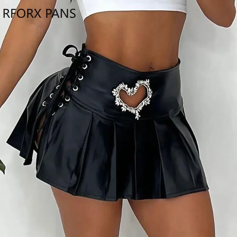 Women Fashion Soild Elegant Rhinestone Heart Hollow Out Lace Up Pleated Mini Black Pu Leather Skirt