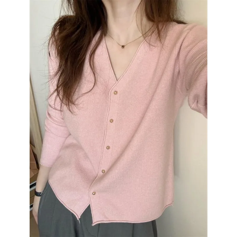 

V-neck Spring and Autumn Knitted Cardigan for Women's Gentle Style Thin Sweater Jacket Short Loose Top