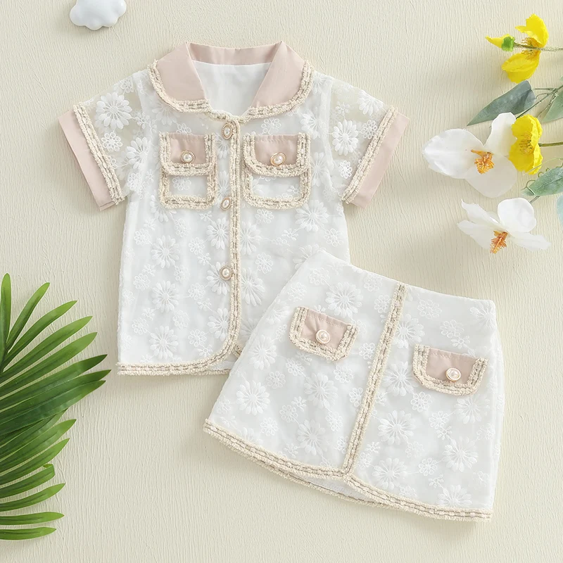 

VISgogo Toddler Baby Girl Summer Outfit Lace Flower Embroidery Button Turn Down Collar Short Sleeve Shirt and Skirt 2 Pcs Set