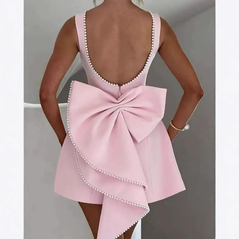 

Elegant Pearl Bow Sexy Mini Dress Women 2025 New Fashion Backless Birthday Party A-line Vestidos White Pink Slim Evening Dresses