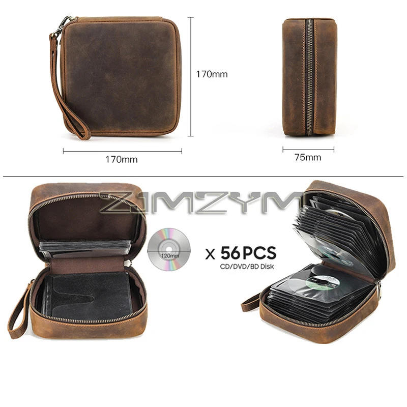 Vintage Crazy Horse Leather CD DVD Holder 56 Discs Capacity Portable Zipper Case Album Organizer Media Storage Bag